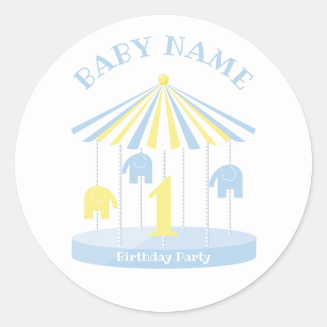 Elephant Carousel Blue First Classic Round Sticker (Front)