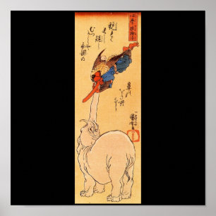 Elephant catching a flying Tengu. Circa 1800's Poster
