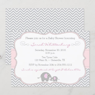 Elephant Chevron Baby Shower Invitation - Pink
