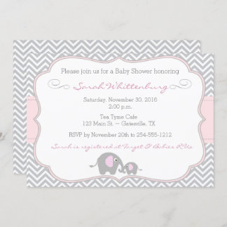 Elephant Chevron Baby Shower Invitation - Pink