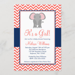 Elephant Chevron Coral Navy Blue Girl Baby Shower Invitation