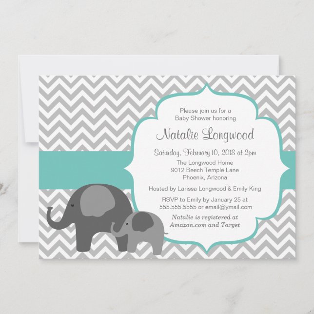 Elephant & Chevron Customisable Colour Baby Shower Invitation (Front)