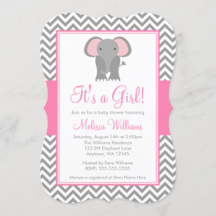 Elephant Chevron Pink Grey Girl Baby Shower Invitation