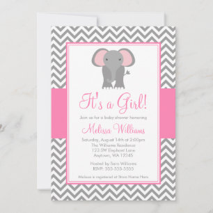 Elephant Chevron Pink Grey Girl Baby Shower Invitation
