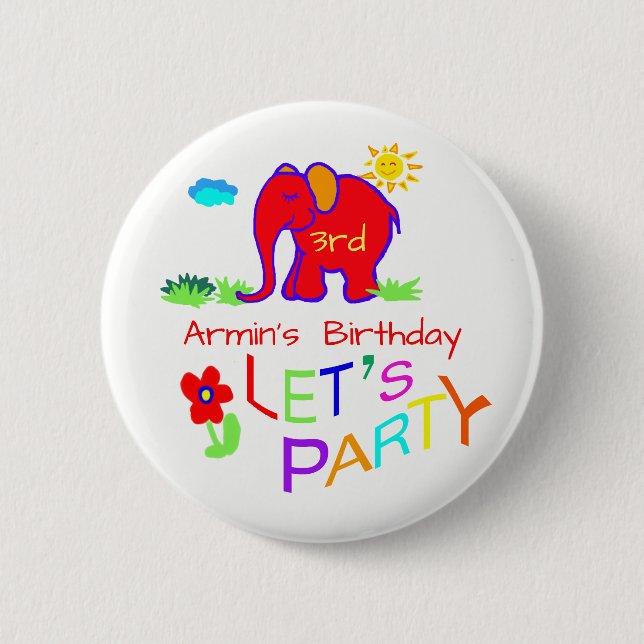 Elephant Children Drawing Name & Age Birthday 6 Cm Round Badge (Front)