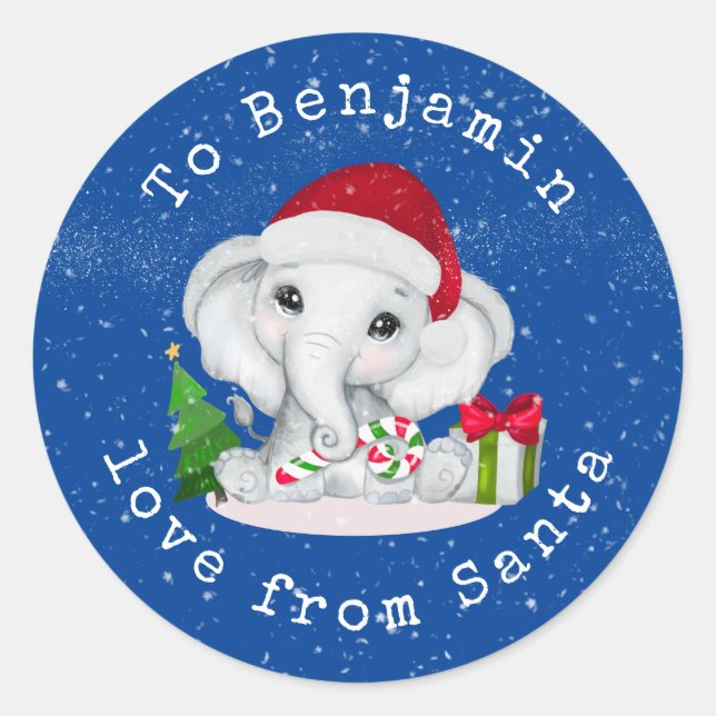 Elephant Childs Name Love From Santa Christmas Classic Round Sticker (Front)