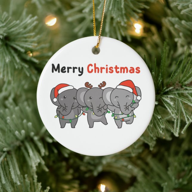 Elephant Christmas Animals Elephants Merry Ceramic Ornament (Tree)