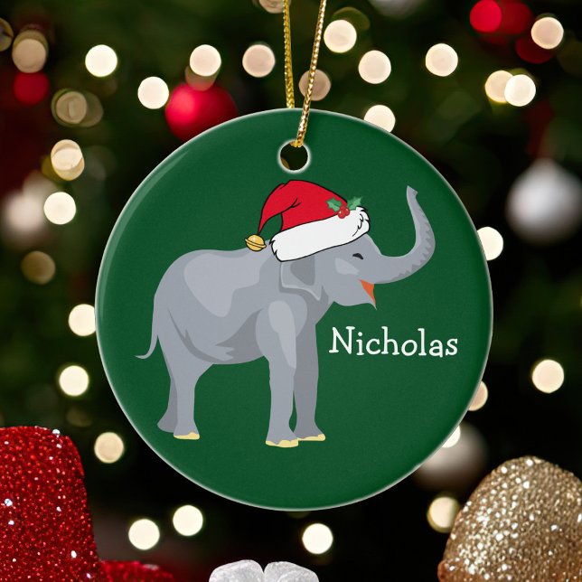 Elephant Christmas Cute Custom Kids Green Holiday Ceramic Ornament (Creator Uploaded)
