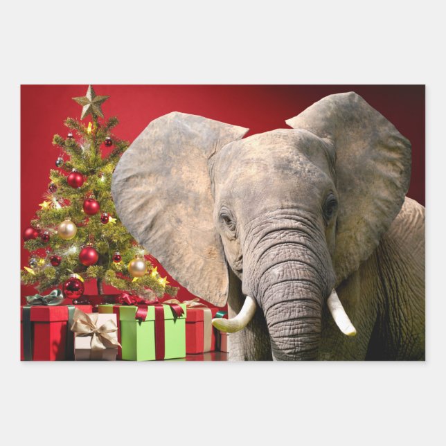 Elephant Christmas Greetings Wrapping Paper Sheet (Front)