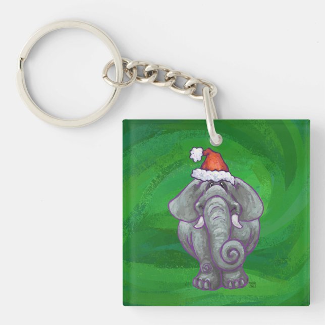 Elephant Christmas On Green Key Ring (Front)