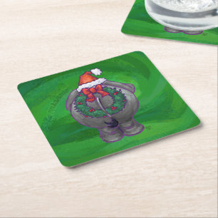 Elephant Christmas On Green Square Paper Coaster