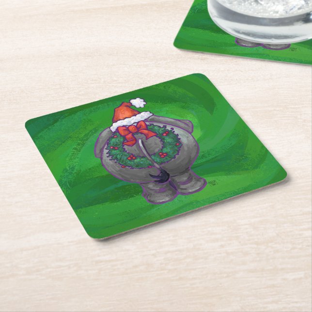 Elephant Christmas On Green Square Paper Coaster (Angled)