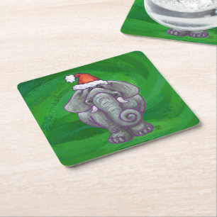 Elephant Christmas On Green Square Paper Coaster