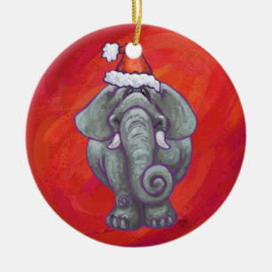 Elephant Christmas On Red Ceramic Ornament