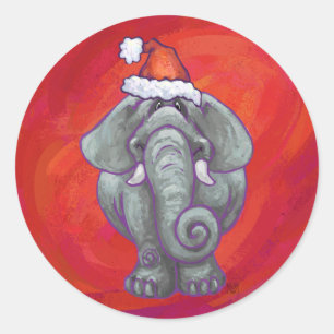 Elephant Christmas On Red Classic Round Sticker