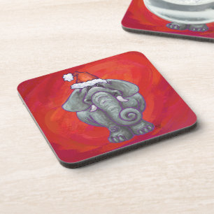 Elephant Christmas On Red Coaster