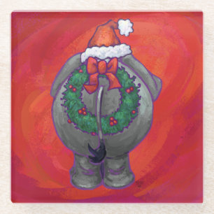 Elephant Christmas On Red Glass Coaster