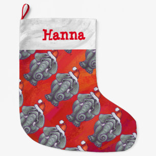 Elephant Christmas On Red Large Christmas Stocking