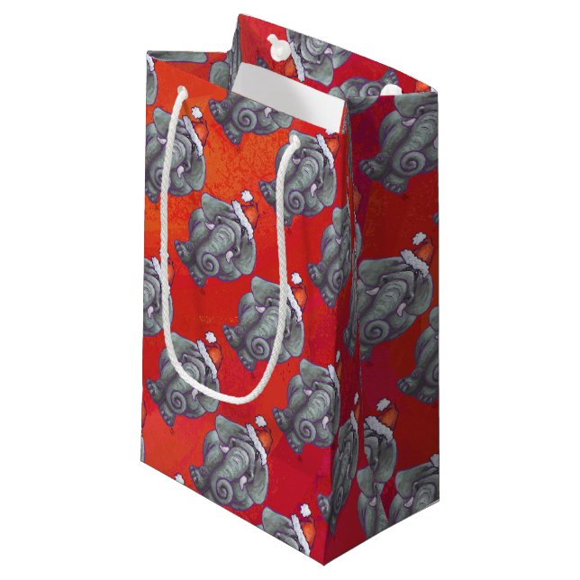 Elephant Christmas On Red Small Gift Bag (Front Angled)