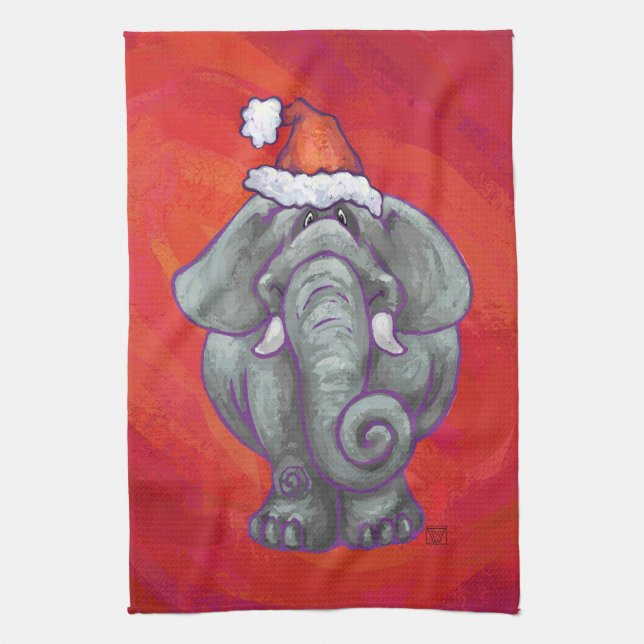 Elephant Christmas On Red Tea Towel (Vertical)