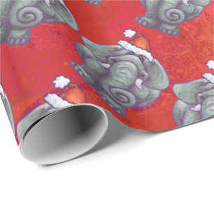 Elephant Christmas On Red Wrapping Paper