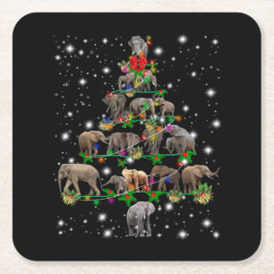 Elephant Christmas Tree Covered By Flashlight Square Paper Coaster