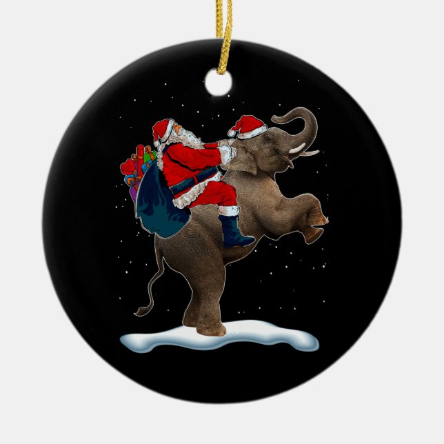 Elephant Christmas Tree Light Hat Xmas Santa Ridin Ceramic Ornament (Front)