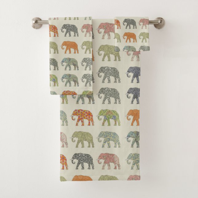Elephant Colourful Animal Pattern Contemporary Bath Towel Set (Insitu)