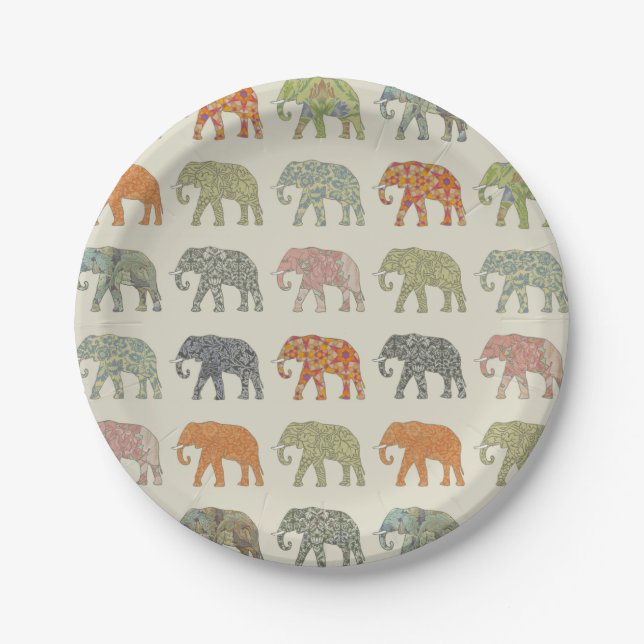 Elephant Colourful Animal Pattern Contemporary Paper Plate (Front)