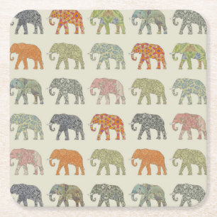 Elephant Colourful Animal Pattern Square Paper Coaster