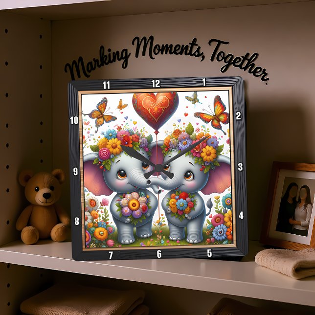 Elephant Couple Floral Crown Square Wall Clock (Creator Uploaded)