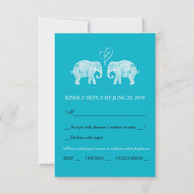 Elephant Couple Heart Custom Colour Wedding RSVP (Front)