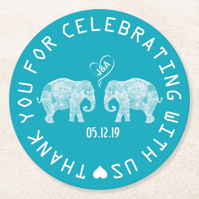 Elephant Couple Love Heart Custom Wedding Favour Round Paper Coaster (Front)