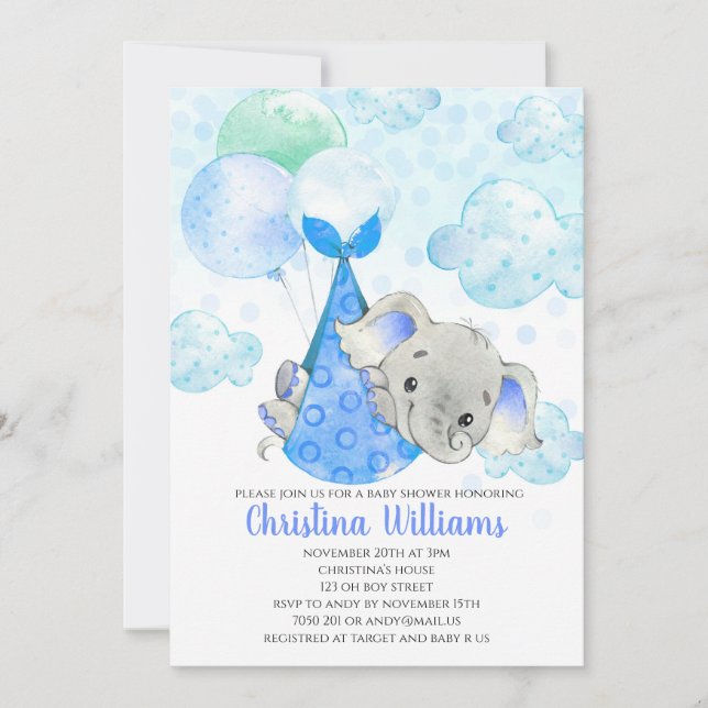 Elephant Cub Cute Boy Baby Shower Blue Invitation (Front)