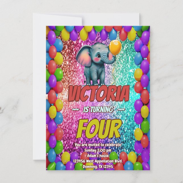 Elephant custom character birthday invite (Front)