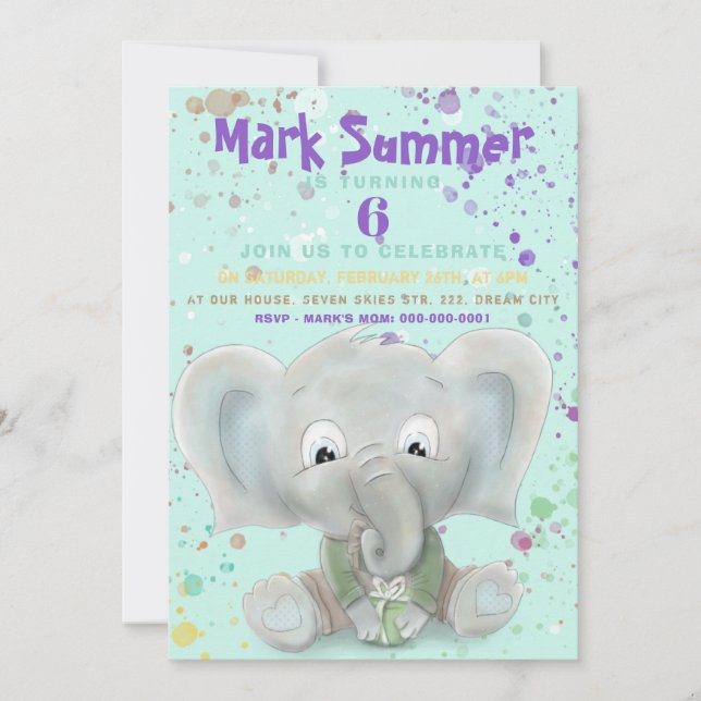 Elephant cute baby boy birthday invitation (Front)