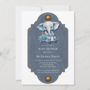 Elephant Denim Vintage Car Boy Baby Shower Invitation