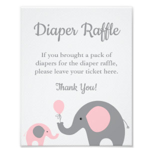 Elephant Diaper Raffle Display Sign in Pink & Grey