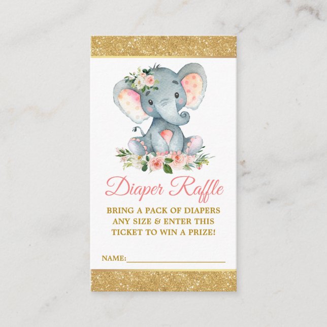 Elephant Diaper Raffle Pink Baby Shower Glitter Enclosure Card (Front)