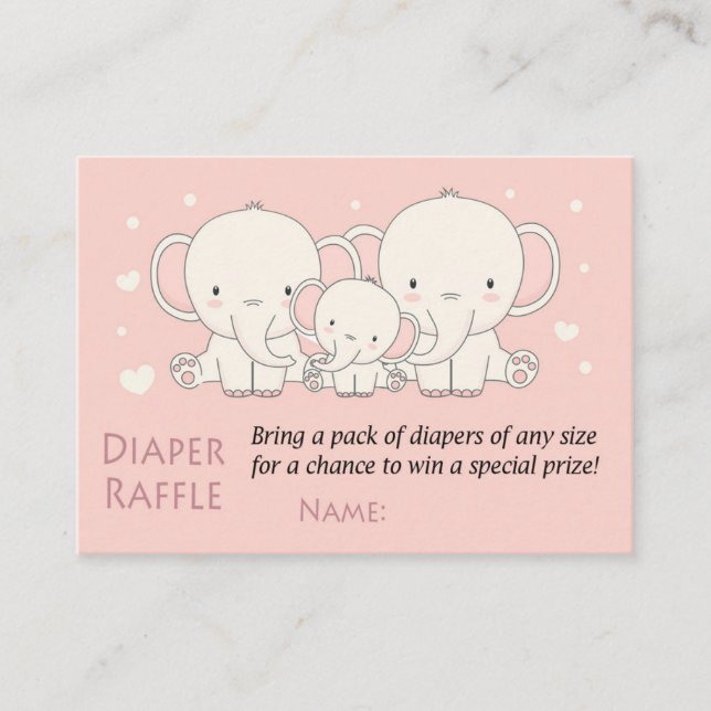 Elephant Diaper Raffle Tickets,pink and white Place Card (Front)