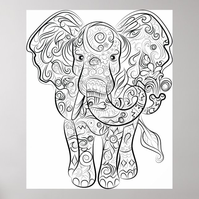Elephant drawing adult colouring poster (Front)
