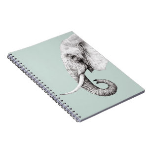 Elephant Drawing Grey Green Background Notebook