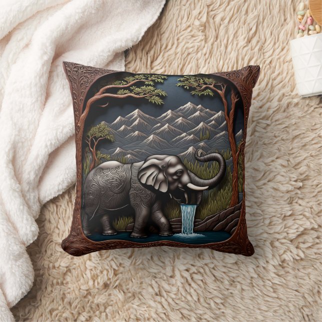 Elephant Drinks Water in Mountain Scene Cushion (Blanket)