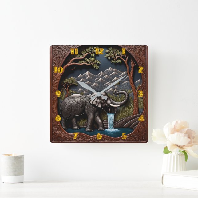 Elephant Drinks Water in Mountain Scene Square Wall Clock (Home)
