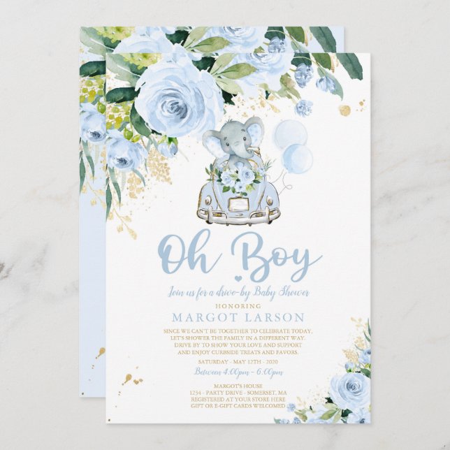 Elephant Drive By Baby Shower Invitation Blue Rose (Front/Back)