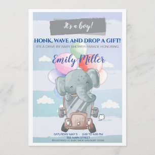 Elephant drive by baby shower invitation boy