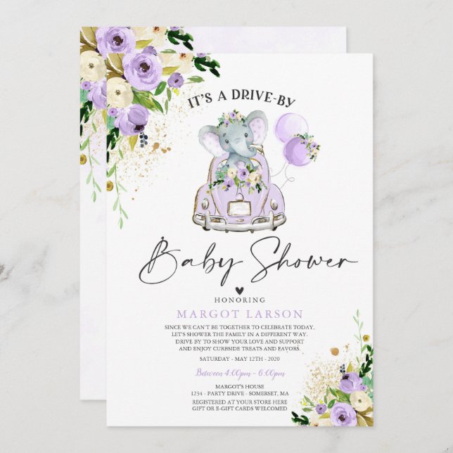 Elephant Drive By Baby Shower Invitation Purple (Front/Back)