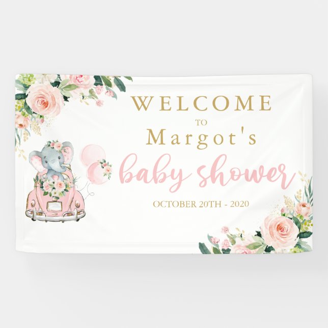 Elephant Drive By Baby Shower Pink Roses Banner (Horizontal)