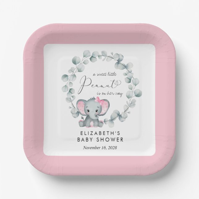 Elephant Eucalyptus Baby Girl Shower Paper Plate (Front)