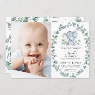 Elephant Eucalyptus Greenery Boy Birthday Photo Invitation